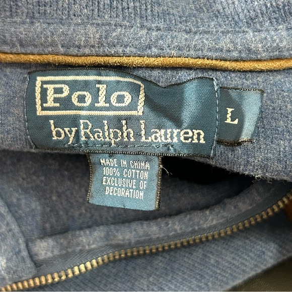 POLO Ralph Lauren Quarter Zip Sweater Men's Blue Maroon Pony Leather Pull Sz L - Picture 2 of 7
